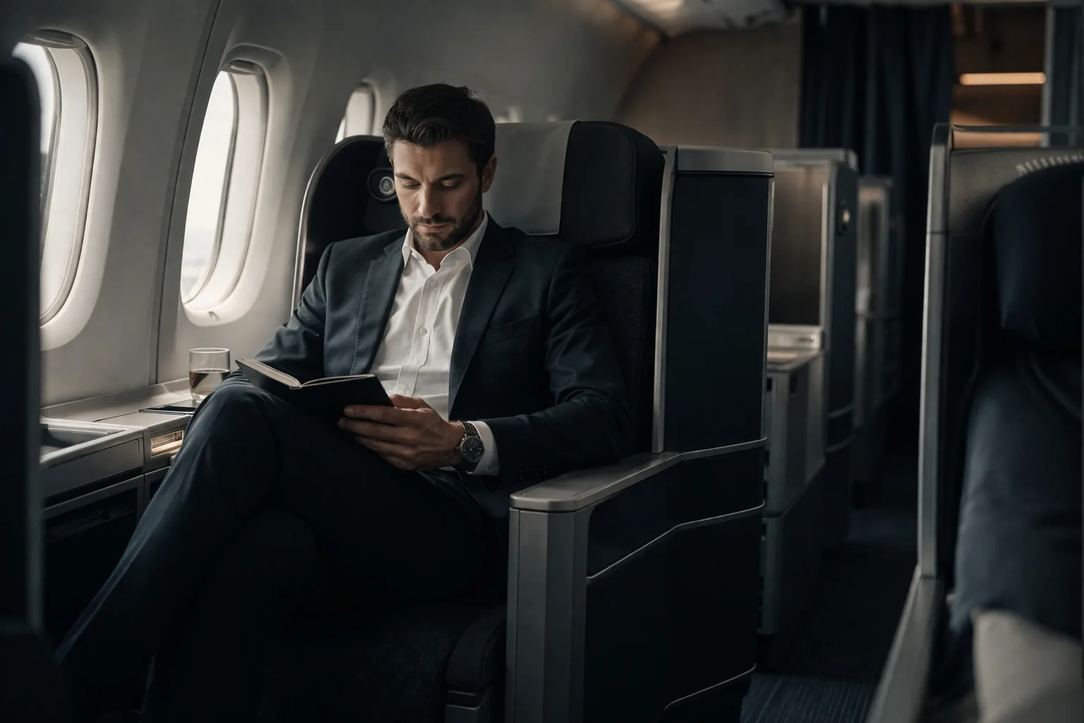 Traveller reading in a quiet premium aircraft cabin
